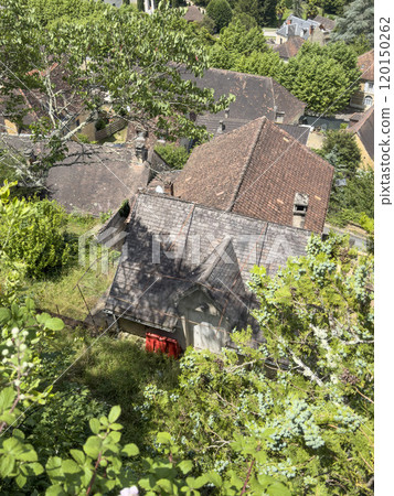 aerial roof views of old village houses in the mountains of countryside 120150262
