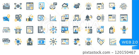 web 2.0 concepts set colorful flat design icons, social media communication e-commerce, innovation creativity devices apps 120150467