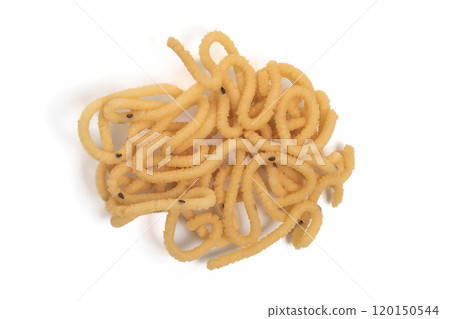 Traditional South Indian crunchy murukku snack isolated on white background. Top view. Traditional South Indian crunchy murukku snack isolated on white background. Top view. 120150544