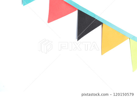 Colorful paper bunting flags on white background with copy space. Perfect for parties and celebrations Colorful paper bunting flags on white background with copy space. Perfect for parties and celebrations 120150579