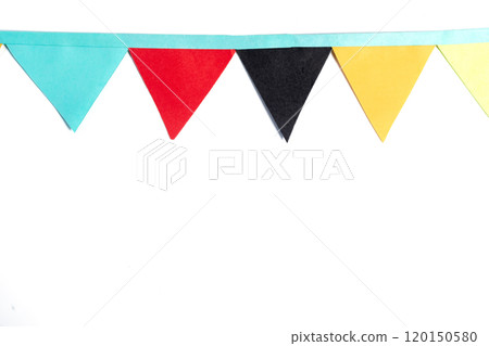 Colorful paper bunting flags on white background with copy space. Perfect for parties and celebrations Colorful paper bunting flags on white background with copy space. Perfect for parties and celebrations 120150580