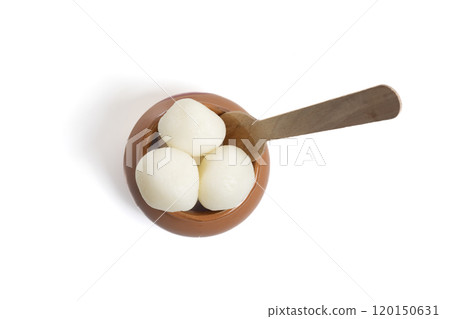 Top View of Traditional Indian Rasgulla in Clay Pot with Wooden Spoon 120150631