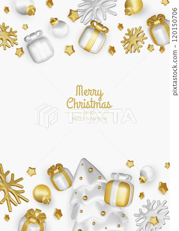 Happy New Year and Merry Christmas. Christmas holiday background with realistic 3d objects,gold and blue bauble balls, conical metal stars. Levitation falling design composition. 120150706