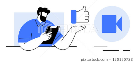 Man holding a clipboard gives a thumbs up. Video recording icon nearby. Ideal for business presentations, online meetings, virtual communication, tutorial videos, and remote work. Outline drawing 120150728