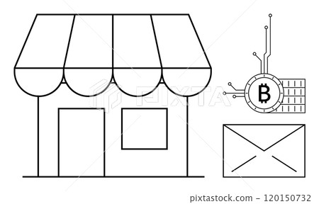 A storefront with an awning and door in a minimalist style, accompanied by a Bitcoin symbol connected to circuitry and an envelope icon. Ideal for e-commerce, retail, digital currency, technology 120150732