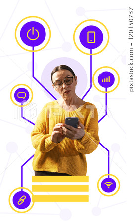 Contemporary art collage. Elderly woman using smartphone, surrounded by digital icons connected to her. Safety in today's digital world Contemporary art collage. Elderly woman using smartphone, surrounded by digital icons connected to her. Safety in today's digital world 120150737