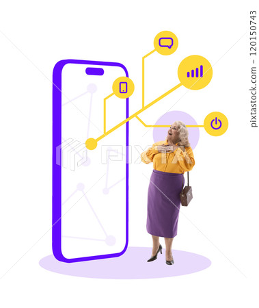 Contemporary art collage. Excited elderly woman amazed by digital icons flowing from smartphone. Accessibility. 120150743