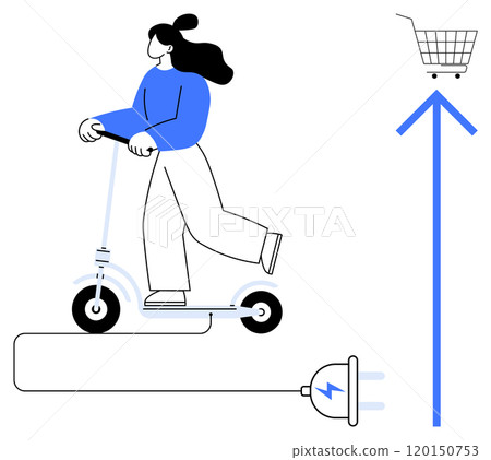 Shopping concept. A woman rides an electric scooter towards a shopping cart along a blue arrow, highlighting the ease of eco-friendly transportation for urban shopping. Ideal for e-commerce 120150753