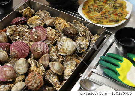 Korean Seafood Food. Steamed oysters and clams Korean Seafood Food. Steamed oysters and clams 120150790