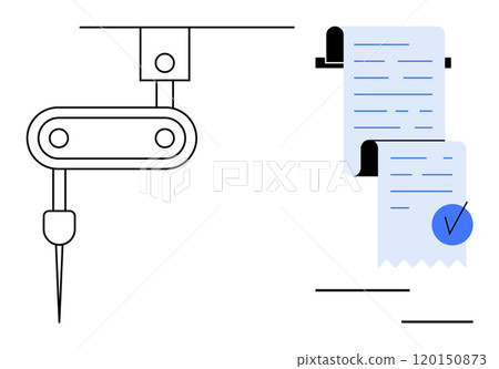 A robotic arm in black lines operates next to a double-layered blue receipt with a checkmark. Ideal for automation, robotics, mechanical processes, industrial technology, and quality assurance 120150873