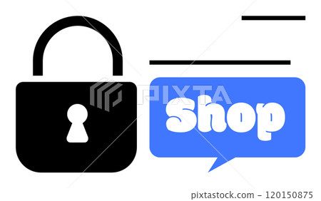 A black padlock and a blue speech bubble with the word Shop in white. Ideal for e-commerce, online security, shopping protection, cybersecurity, and digital marketplace safety. Simple vector style 120150875
