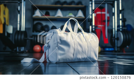 Elegant gym bag in a contemporary fitness center, highlighting a luxurious white design on a wooden floor, ideal for sports enthusiasts who seek stylish, high-quality workout accessories for their 120150876