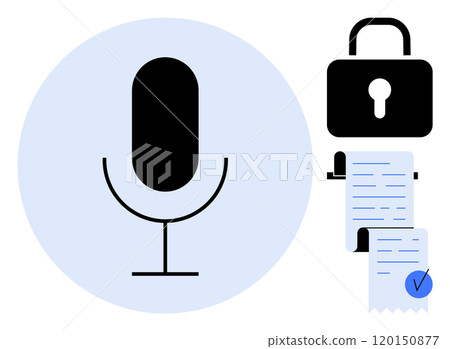 Microphone in circle, lock icon, and document with checkmark. Ideal for technology, security, privacy, voice recognition, and data protection themes. Modern, minimalist vector style Microphone in circle, lock icon, and document with checkmark. Ideal for technology, security, privacy, voice recognition, and data protection themes. Modern, minimalist vector style 120150877