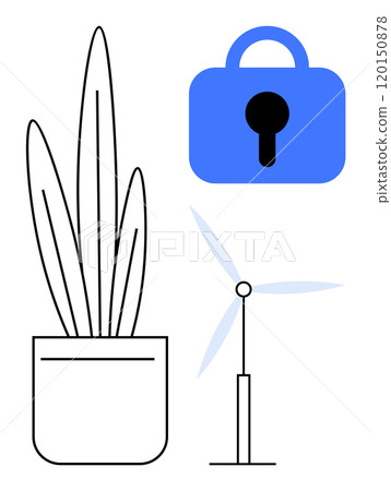Simple plant, secure lock, and wind turbine. Ideal for environmental sustainability, renewable energy, security, minimalism, vector style design Simple plant, secure lock, and wind turbine. Ideal for environmental sustainability, renewable energy, security, minimalism, vector style design 120150878