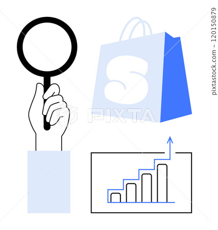 Hand holds magnifying glass with shopping bag and rising bar chart. Ideal for business analysis, e-commerce, market research, data visualization, online shopping. Clean, modern, minimalist style 120150879