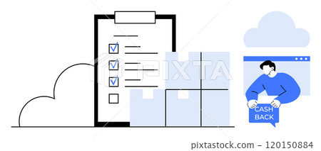 A checklist with boxes, isolated in the foreground. To the right, a person holds a cashback sign, indicative of rewards. Ideal for e-commerce, online shopping, inventory tracking, customer rewards 120150884