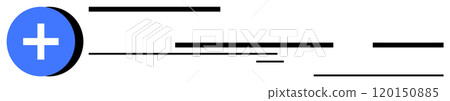 A blue circle with a white cross inside is positioned on the left, adjacent to multiple horizontal black lines on a white background. Ideal for healthcare, medical, minimalism, simplicity 120150885