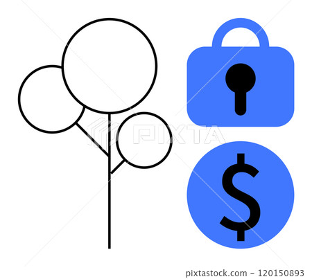 Simple design showing a tree, a lock, and a dollar symbol. Ideal for finance growth security savings investment banking. Clean and minimalistic style emphasizes important financial concepts Simple design showing a tree, a lock, and a dollar symbol. Ideal for finance growth security savings investment banking. Clean and minimalistic style emphasizes important financial concepts 120150893