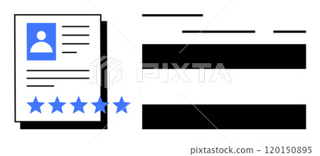 Document featuring a resume with a profile picture, personal details, and a five-star rating prominently displayed. Ideal for recruitment materials, professional profiles, job applications, career Document featuring a resume with a profile picture, personal details, and a five-star rating prominently displayed. Ideal for recruitment materials, professional profiles, job applications, career 120150895