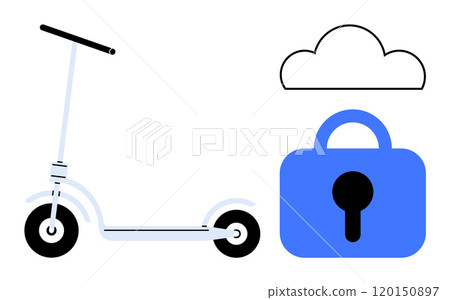 Electric scooter, cloud icon, and large padlock symbol. Ideal for urban mobility, technology, security, cloud storage, and modern commuting. Simple, clean, vector style. Potential themes of Electric scooter, cloud icon, and large padlock symbol. Ideal for urban mobility, technology, security, cloud storage, and modern commuting. Simple, clean, vector style. Potential themes of 120150897