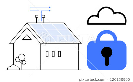Solar panel roof, cloud icon, and blue padlock highlight smart home technology, renewable energy, and cloud security. Ideal for smart technology, renewable energy, home security, sustainability Solar panel roof, cloud icon, and blue padlock highlight smart home technology, renewable energy, and cloud security. Ideal for smart technology, renewable energy, home security, sustainability 120150900