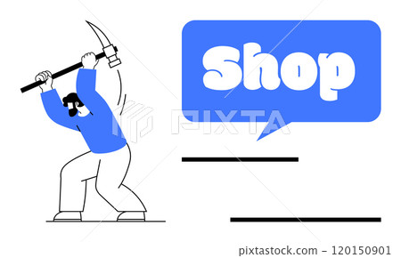 Man raising a pickaxe appears ready to dig, alongside a speech bubble with the word Shop in bold letters. Ideal for retail, e-commerce, marketing, advertising, and promotion themes. Illustrator Man raising a pickaxe appears ready to dig, alongside a speech bubble with the word Shop in bold letters. Ideal for retail, e-commerce, marketing, advertising, and promotion themes. Illustrator 120150901