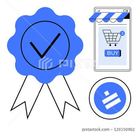 A checkmark badge, a shopping cart on a smartphone screen, and a secure transaction symbol Ideal for themes like online security, e-commerce, quality assurance, digital transactions, and trustworthy 120150902