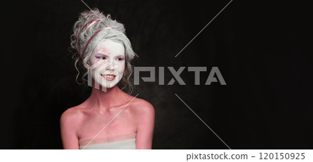 Funny beautiful woman in carnival Halloween costume, theater actress Funny beautiful woman in carnival Halloween costume, theater actress 120150925