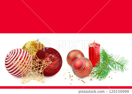 Red candles and fir branches and Christmas balls in snow isolated on white. There is free space for text. Collage. 120150999