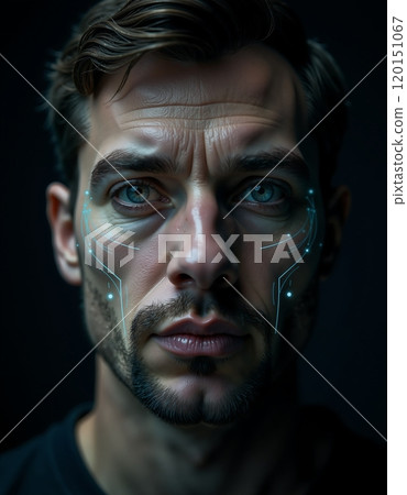 Futuristic portrait of a man with cybernetic facial features and neon accents 120151067