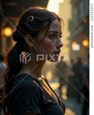 Golden hour portrait: contemplative woman in vibrant urban setting 120151071