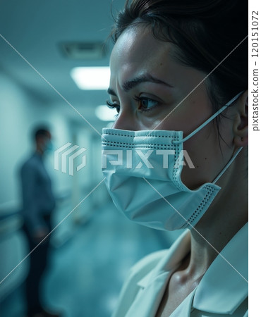 Healthcare professional in hospital corridor wearing mask for safety and prevention 120151072