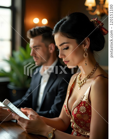 Elegant couple in formal attire engaged with technology in a chic setting 120151100