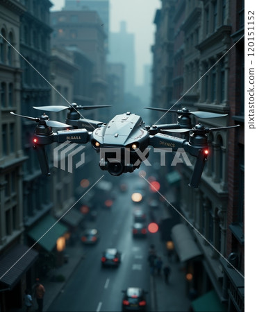 Aerial surveillance drone flying over bustling urban street 120151152