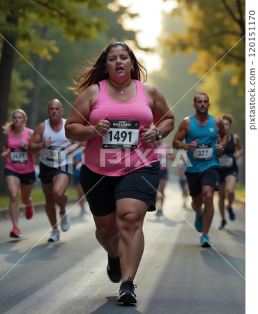 Active lifestyle: runners participating in a marathon through a sunlit park 120151170