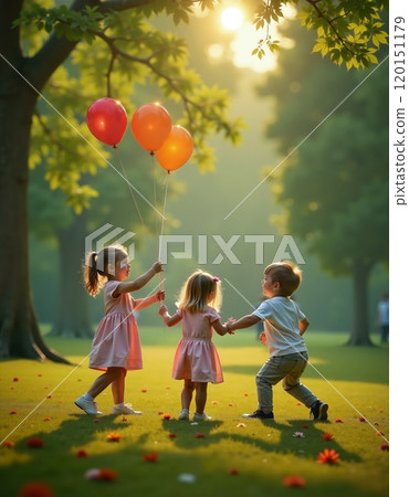 Children playing with balloons in a sunlit park setting Children playing with balloons in a sunlit park setting 120151179