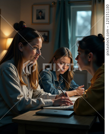 Collaborative study group meeting in cozy home atmosphere for academic projects Collaborative study group meeting in cozy home atmosphere for academic projects 120151180