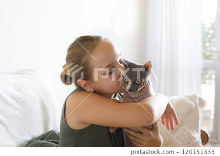 Cute young happy child girl embracing lovely Sphynx cat pet of a hairless breed at home Cute young happy child girl embracing lovely Sphynx cat pet of a hairless breed at home 120151333