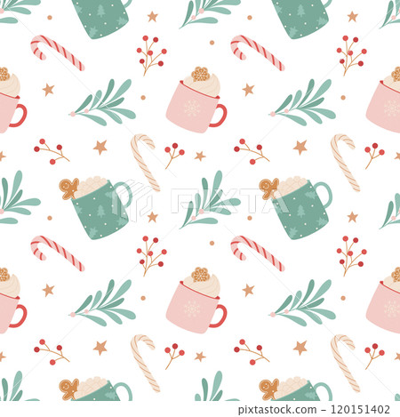 Christmas seamless pattern with hot drinks, sweets and winter plants Christmas seamless pattern with hot drinks, sweets and winter plants 120151402