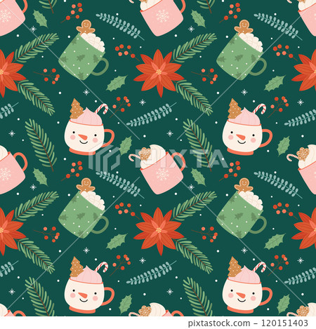Christmas seamless pattern with hot drinks, sweets and winter plants 120151403