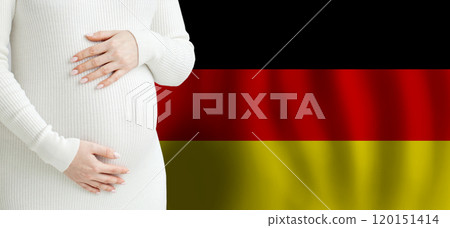 Pregnant woman belly against German flag background. Demographics and pregnancy in Germany concept 120151414
