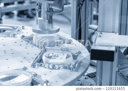 The assembly process by robotic system in the light blue scene. The assembly process by robotic system in the light blue scene. 120151655