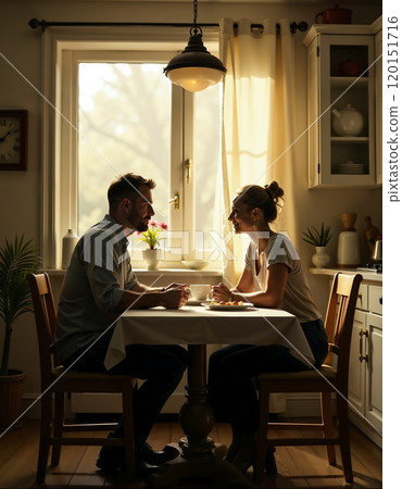 Cozy morning conversation: couple enjoying breakfast in sunlit kitchen interior 120151716