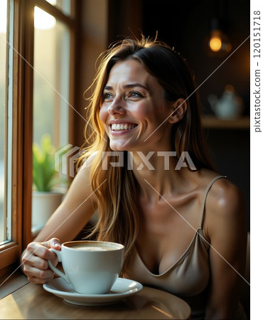 Cozy morning delight: smiling woman enjoying coffee by sunlit window 120151718