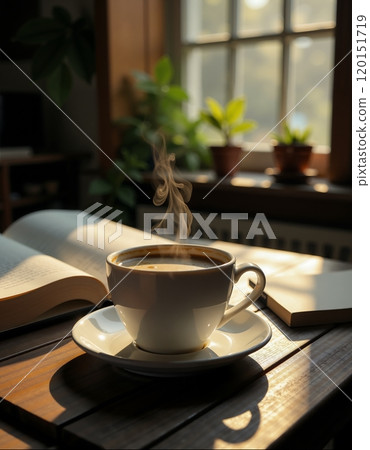 Cozy morning with steaming coffee cup and open book by sunlit window 120151719