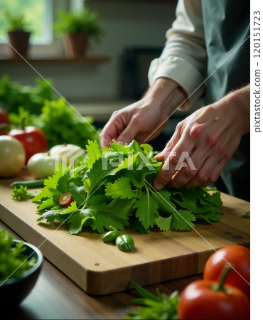 Culinary preparation with fresh herbs and vegetables in home kitchen setting 120151723