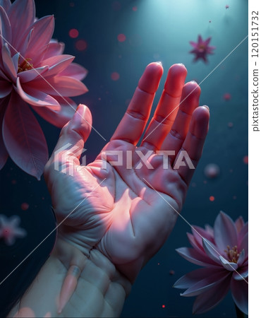 Elegant hand reaching toward pink blossoms under soft lighting Elegant hand reaching toward pink blossoms under soft lighting 120151732
