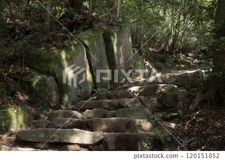 The stone steps of the main hiking trail to Mt. Homan, where the inner sanctuary of Homangu Kamado Shrine is located in Dazaifu City, Fukuoka Prefecture The stone steps of the main hiking trail to Mt. Homan, where the inner sanctuary of Homangu Kamado Shrine is located in Dazaifu City, Fukuoka Prefecture 120151852