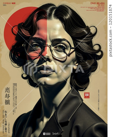 Futuristic portrait of a woman in red and black with glasses 120151874