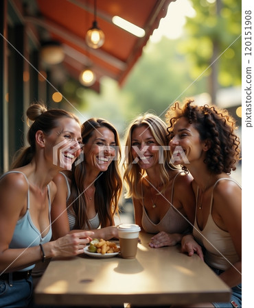 Joyful group of friends enjoying coffee outdoors on a sunny day 120151908